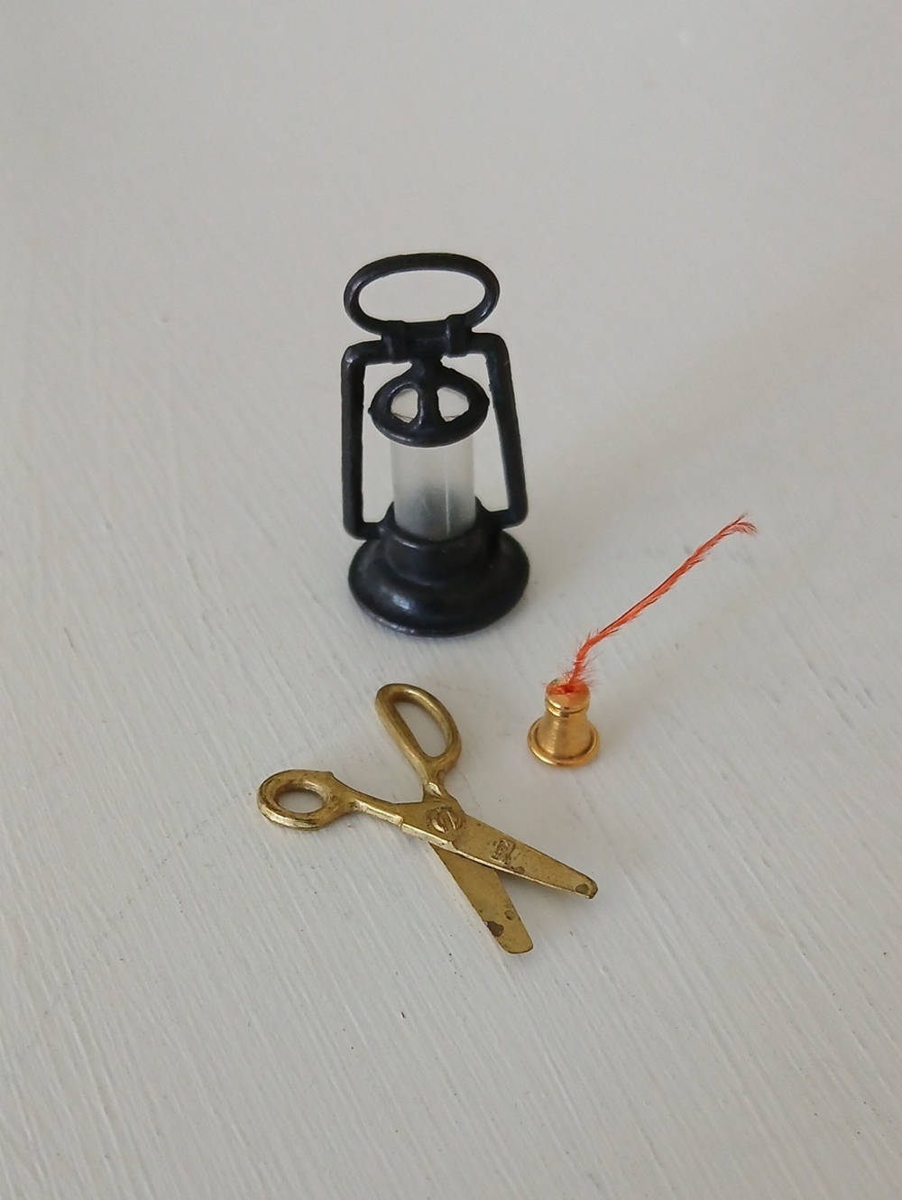 Vintage Dollhouse Miniatures Working Scissors Gold Bell Black Lantern
